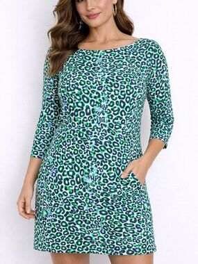 Lilly Pulitzer Womens Leopard Print Shift Dress Medium Blue Green 3/4 Sleeve